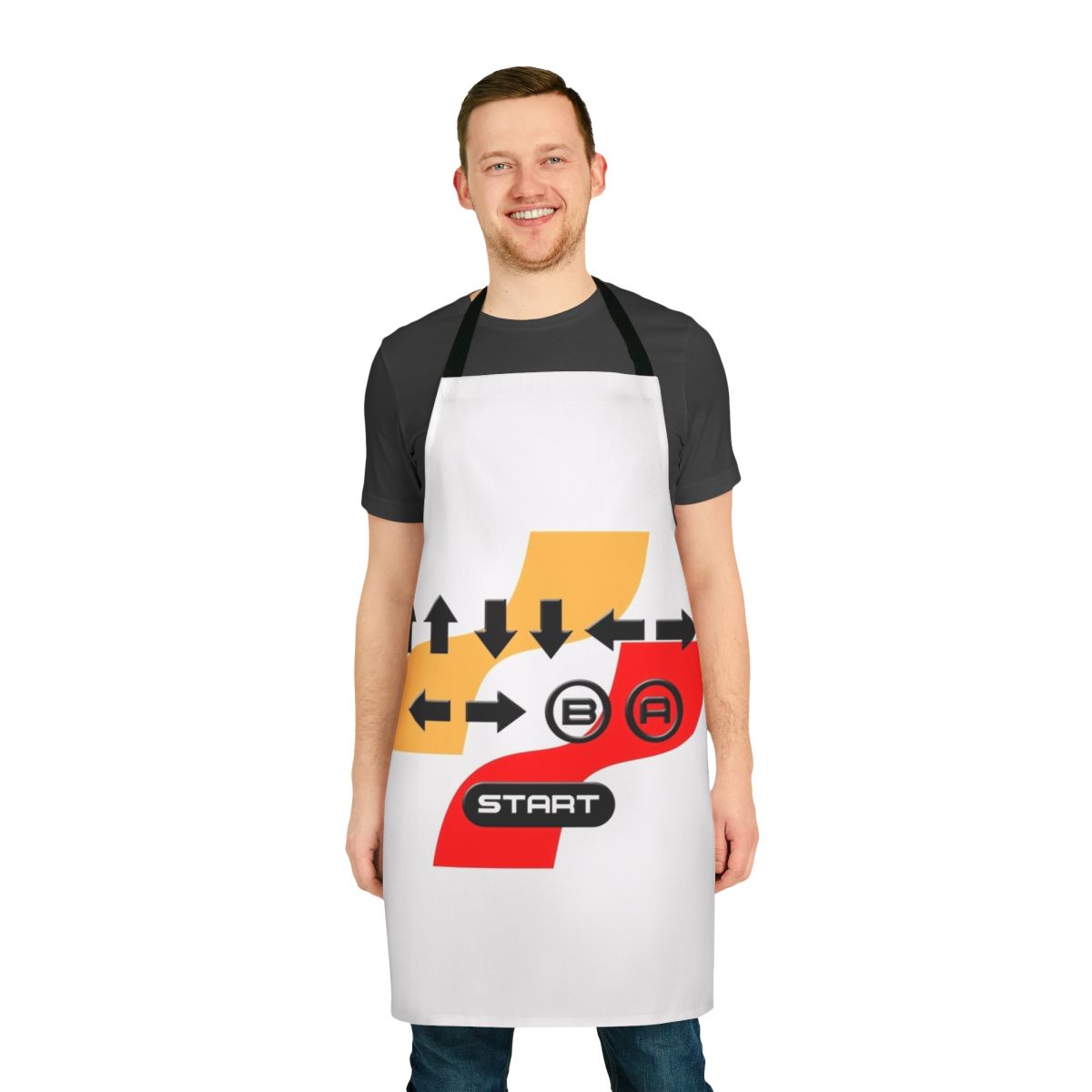 Retro gaming Konami code pattern apron featuring classic 80s video game designs