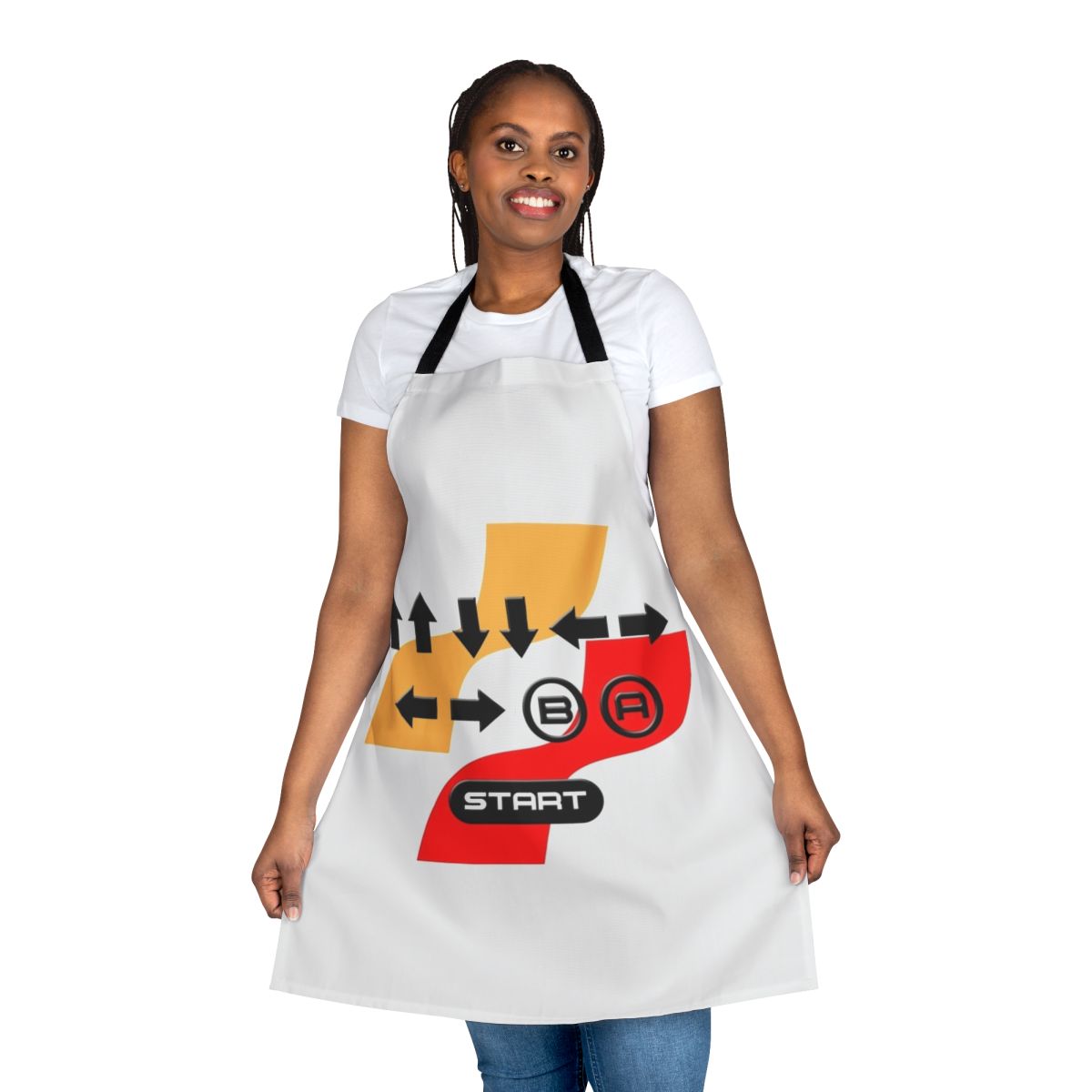 Retro gaming Konami code pattern apron featuring classic 80s video game designs