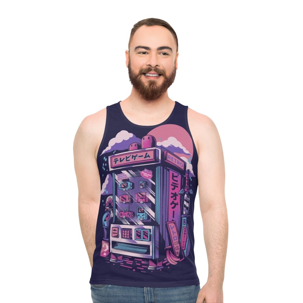 Retro gaming machine unisex tank top with neon pixel art design