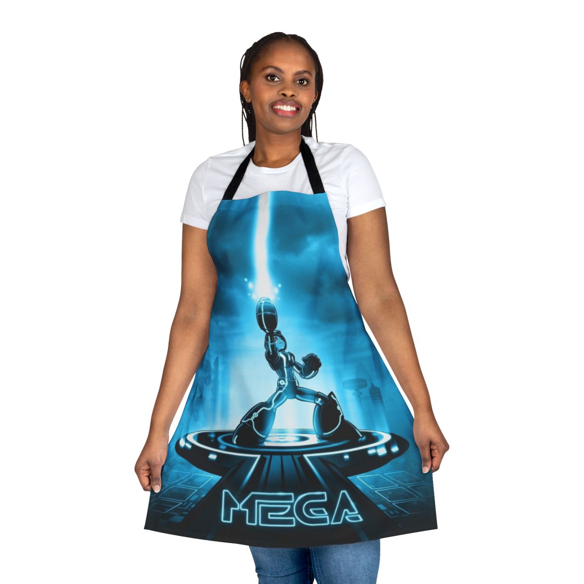 Colorful apron featuring a mashup of popular 80s video game and movie characters