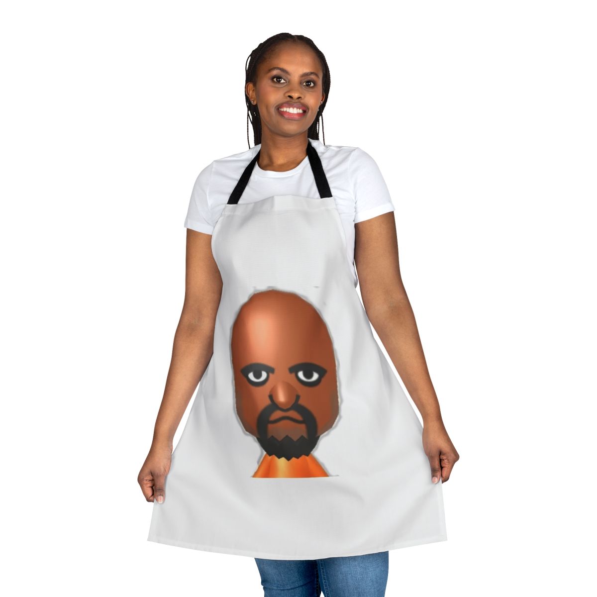 A white apron featuring the iconic Matt character from the Wii Sports video game franchise.