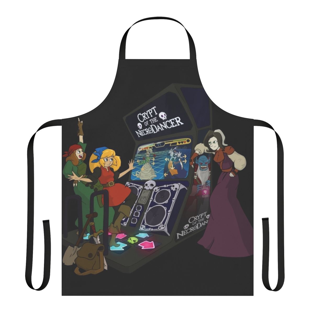 Retro gaming-themed apron featuring the Necrodancer video game aesthetic