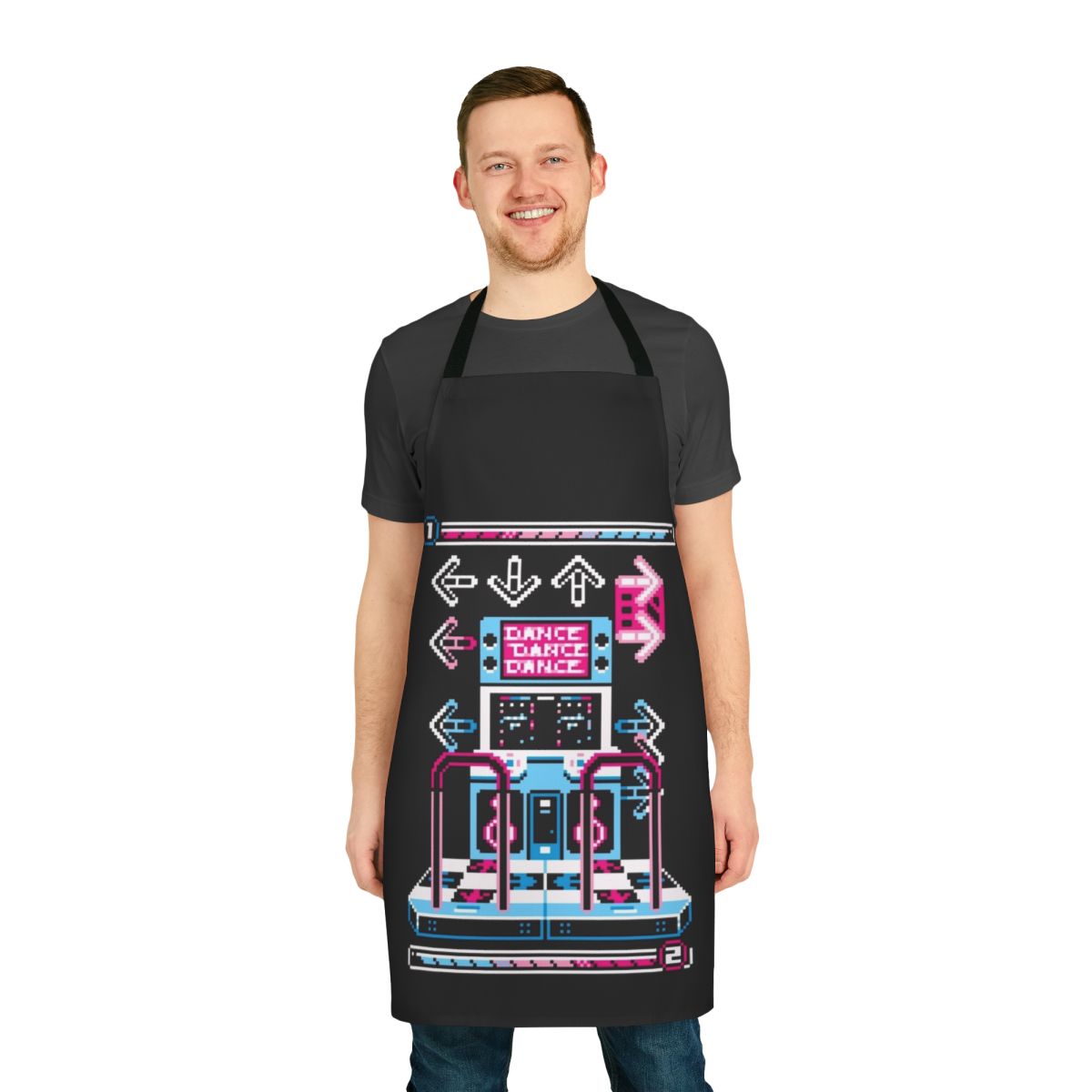 Retro gaming pixel art apron in a dance arcade style