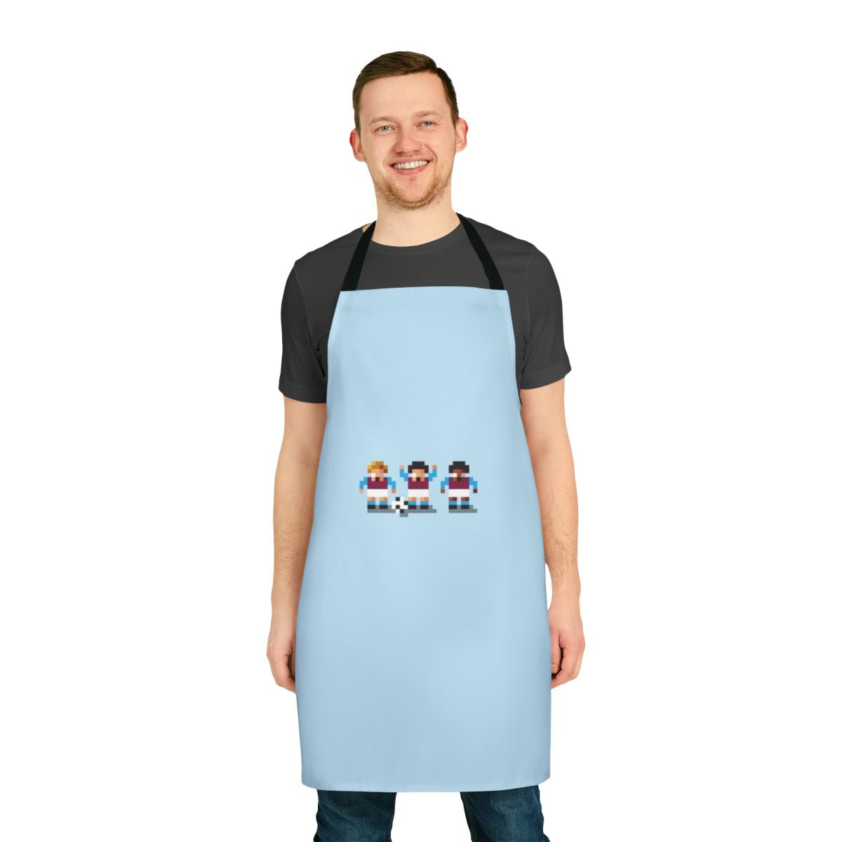 Retro-style pixel art apron featuring football/soccer teams and players