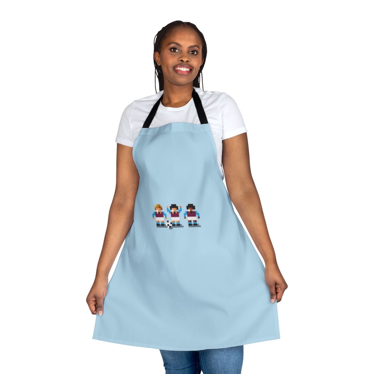 Retro-style pixel art apron featuring football/soccer teams and players