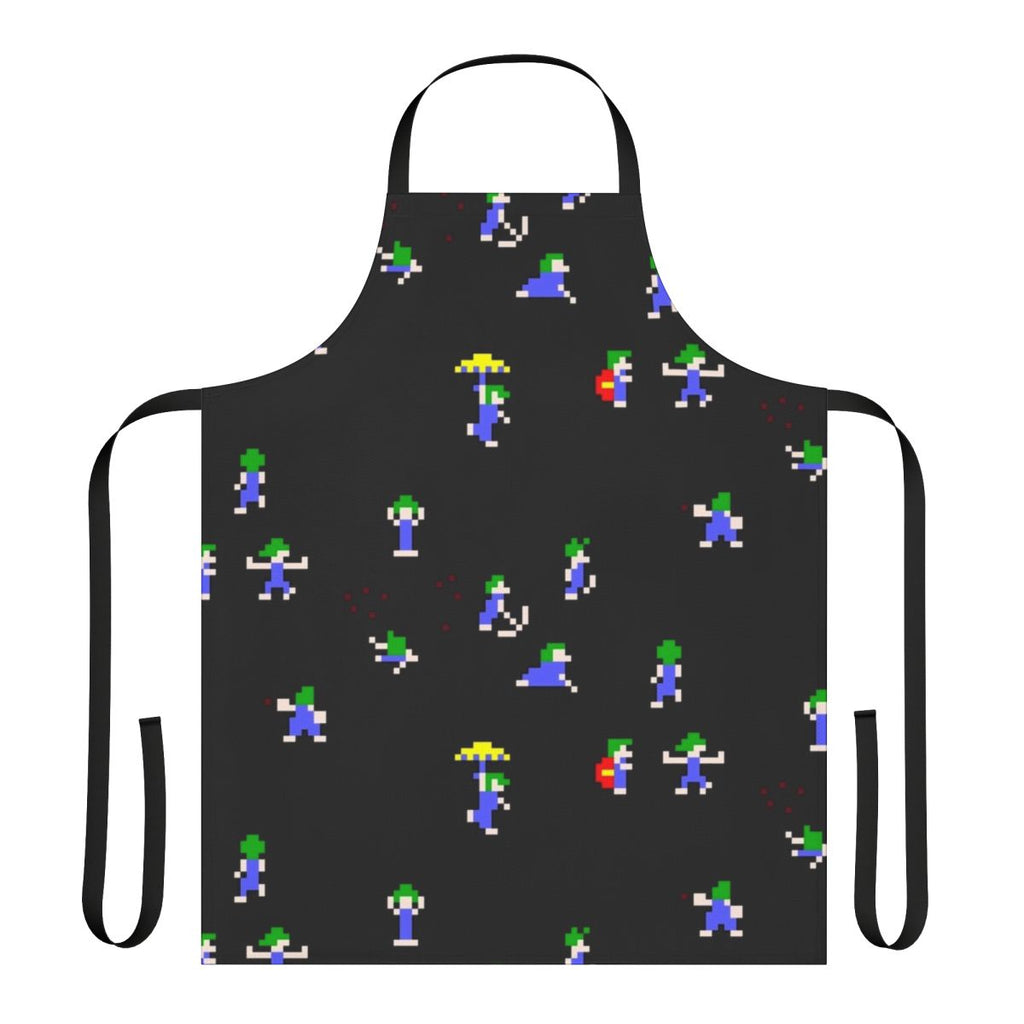Retro gaming pixel art apron featuring a Lemmings design