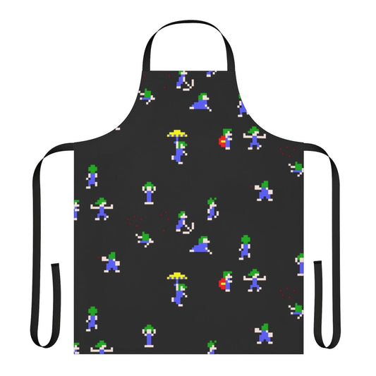 Retro gaming pixel art apron featuring a Lemmings design