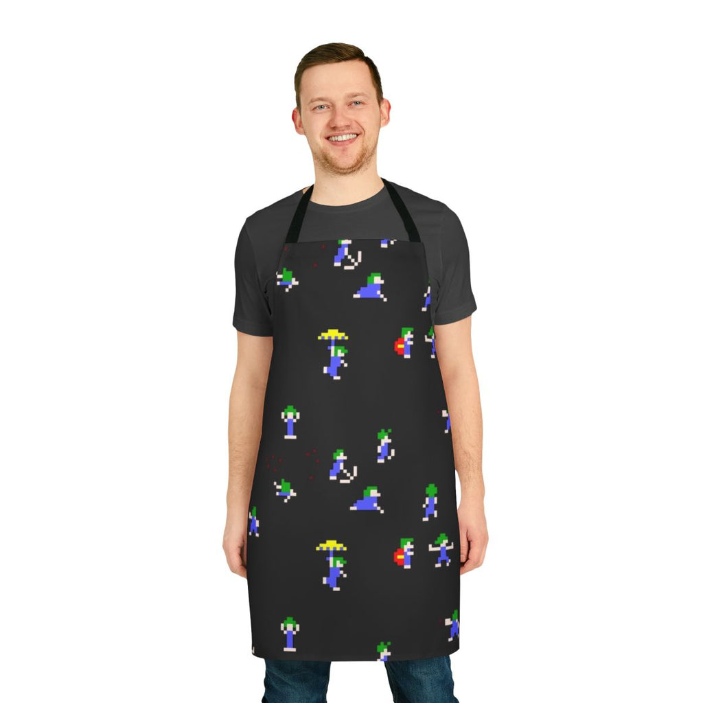 Retro gaming pixel art apron featuring a Lemmings design