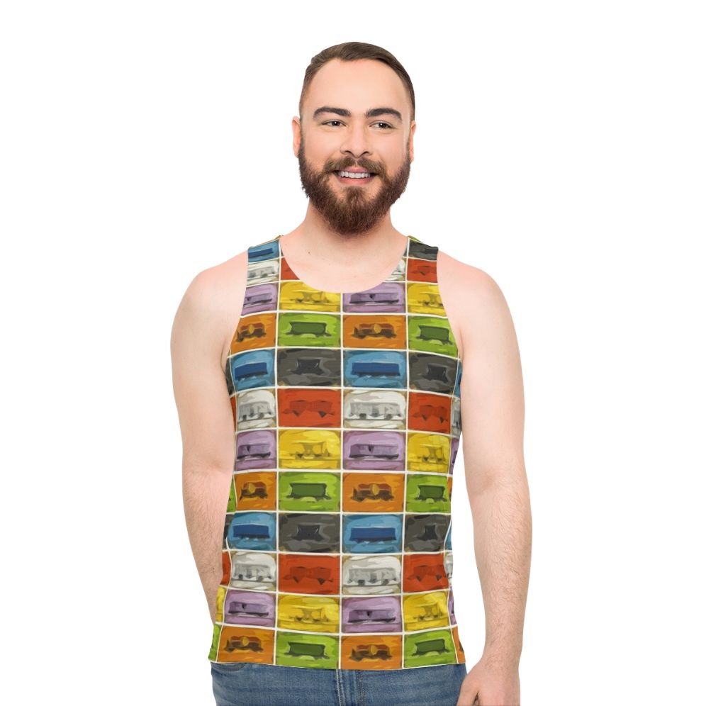 Retro gaming unisex tank top with Ticket to Ride the Trains design