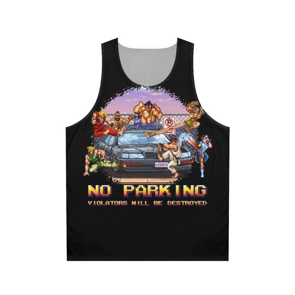 Retro gaming unisex tank top with "No Parking Violators Will Be Destroyed" design