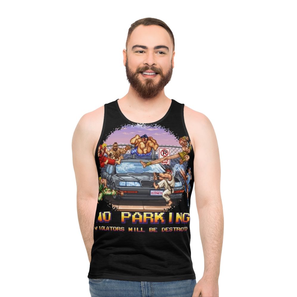 Retro gaming unisex tank top with "No Parking Violators Will Be Destroyed" design