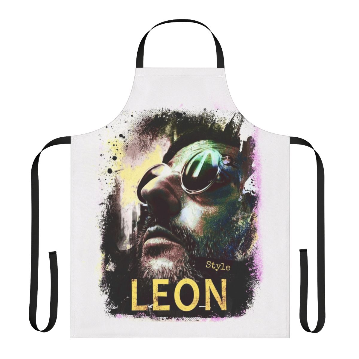 "Apron with a design inspired by the 1994 film 'The Professional' starring Jean Reno and Natalie Portman"