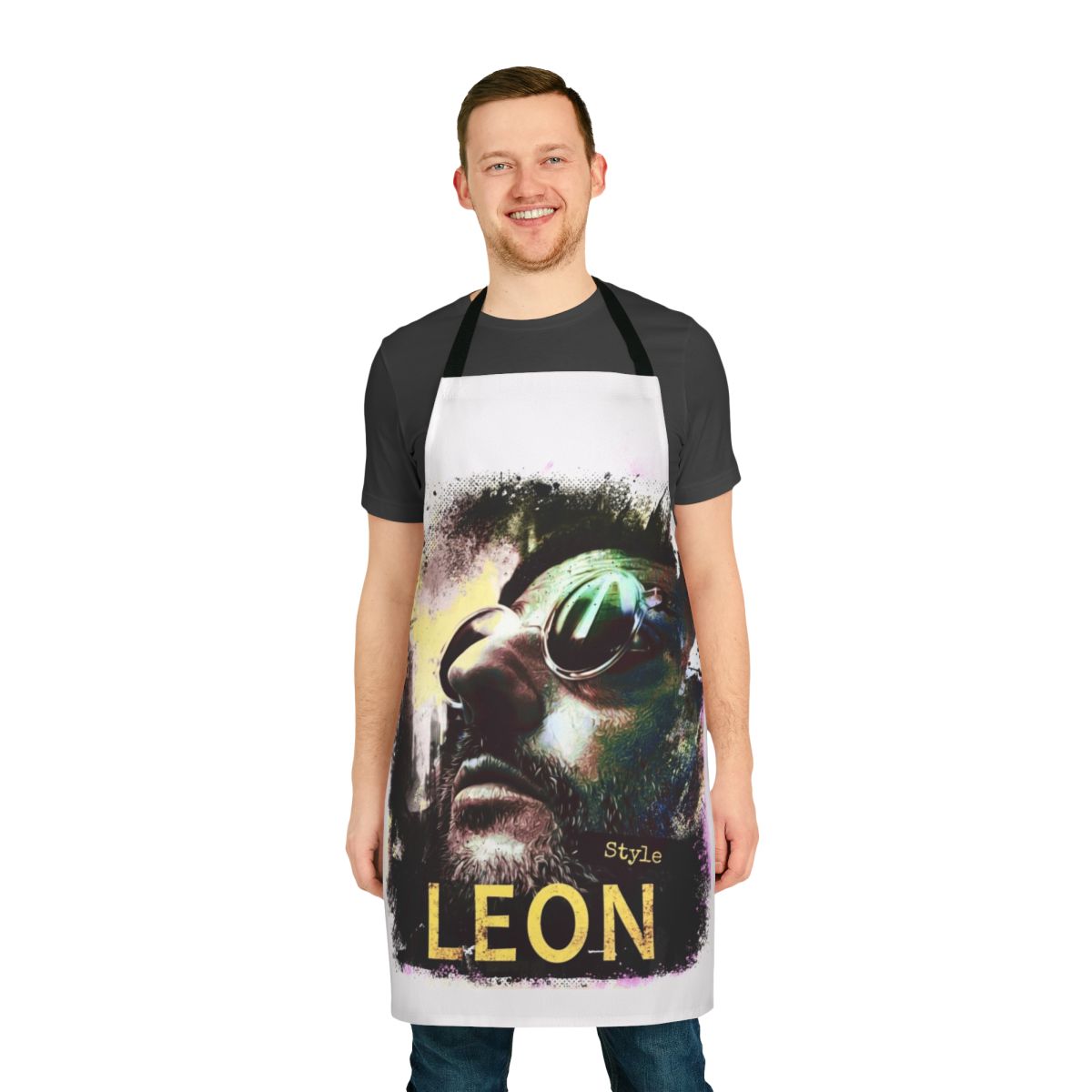 "Apron with a design inspired by the 1994 film 'The Professional' starring Jean Reno and Natalie Portman"
