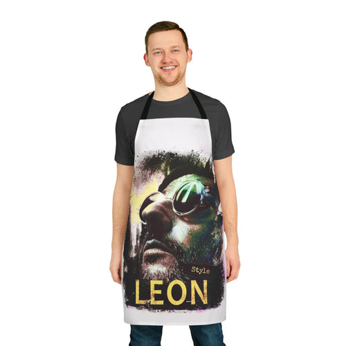 "Apron with a design inspired by the 1994 film 'The Professional' starring Jean Reno and Natalie Portman"