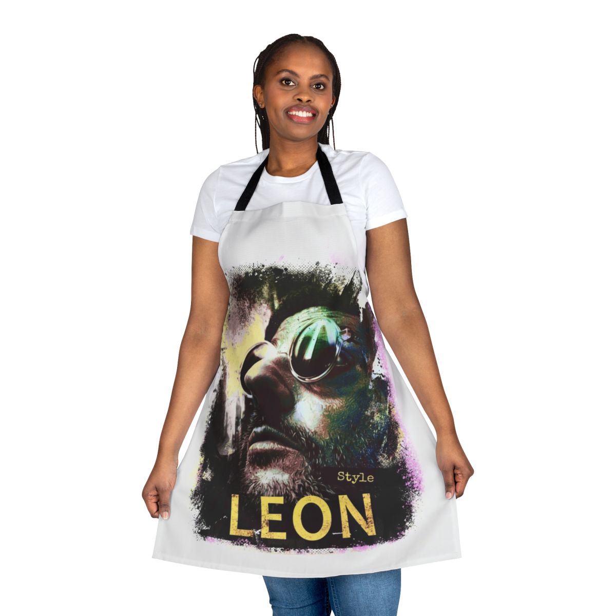 "Apron with a design inspired by the 1994 film 'The Professional' starring Jean Reno and Natalie Portman"