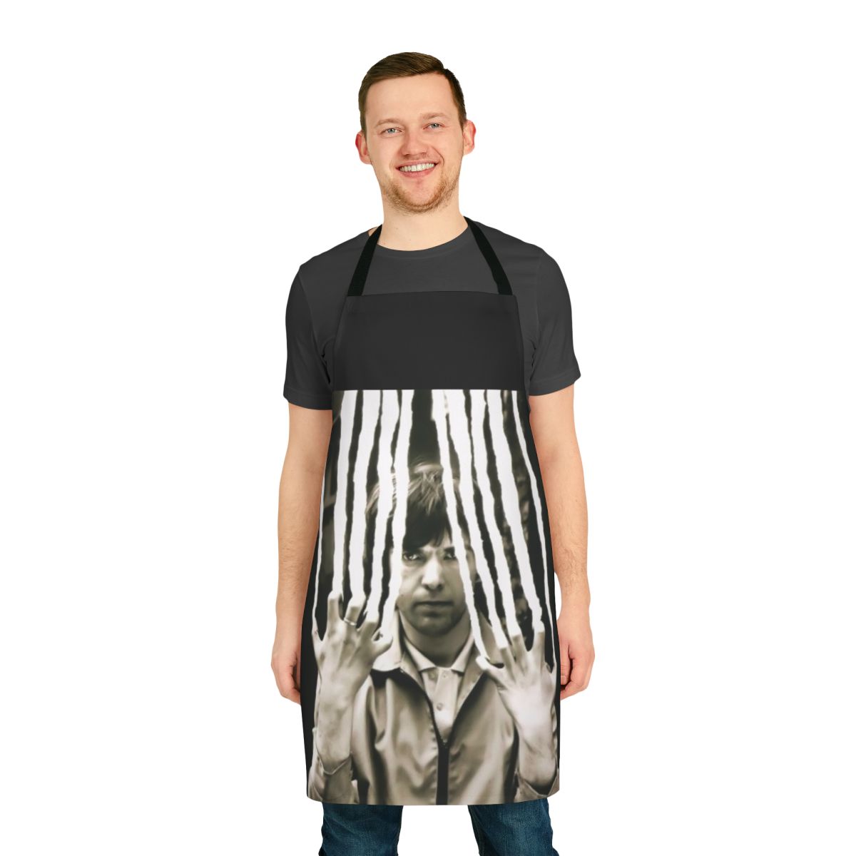 A vintage-style apron featuring a Genesis-inspired design with flute and scratchy elements, perfect for music fans.