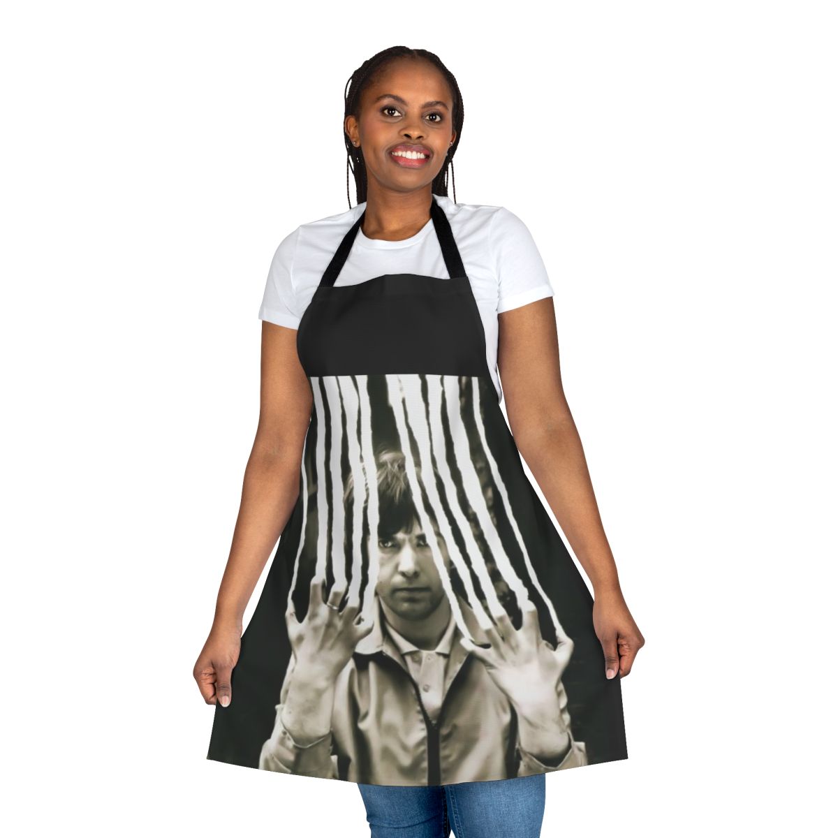 A vintage-style apron featuring a Genesis-inspired design with flute and scratchy elements, perfect for music fans.
