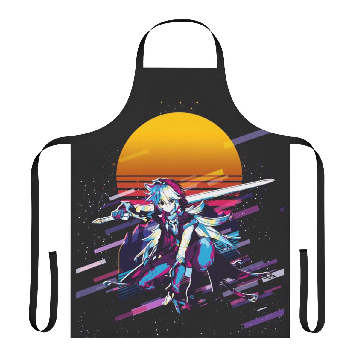 Retro-style Genshin Impact Razor character apron with 80s vaporwave/retrowave design