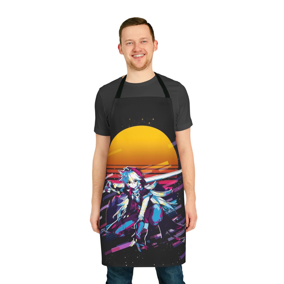 Retro-style Genshin Impact Razor character apron with 80s vaporwave/retrowave design