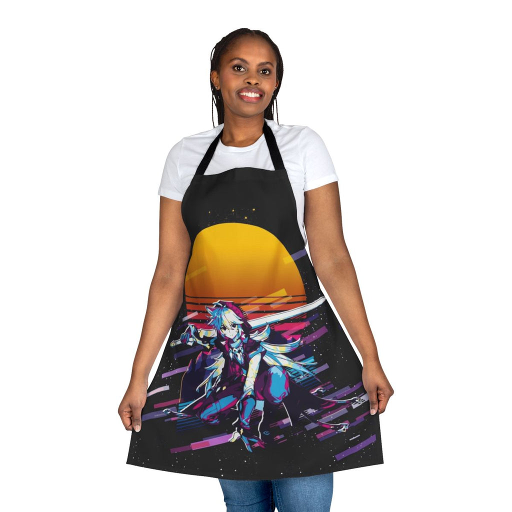Retro-style Genshin Impact Razor character apron with 80s vaporwave/retrowave design