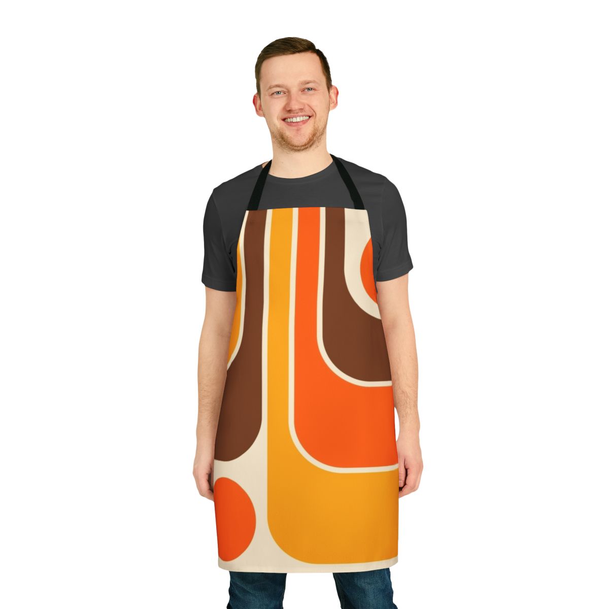A retro geometric design apron in a mid century modern style for the kitchen
