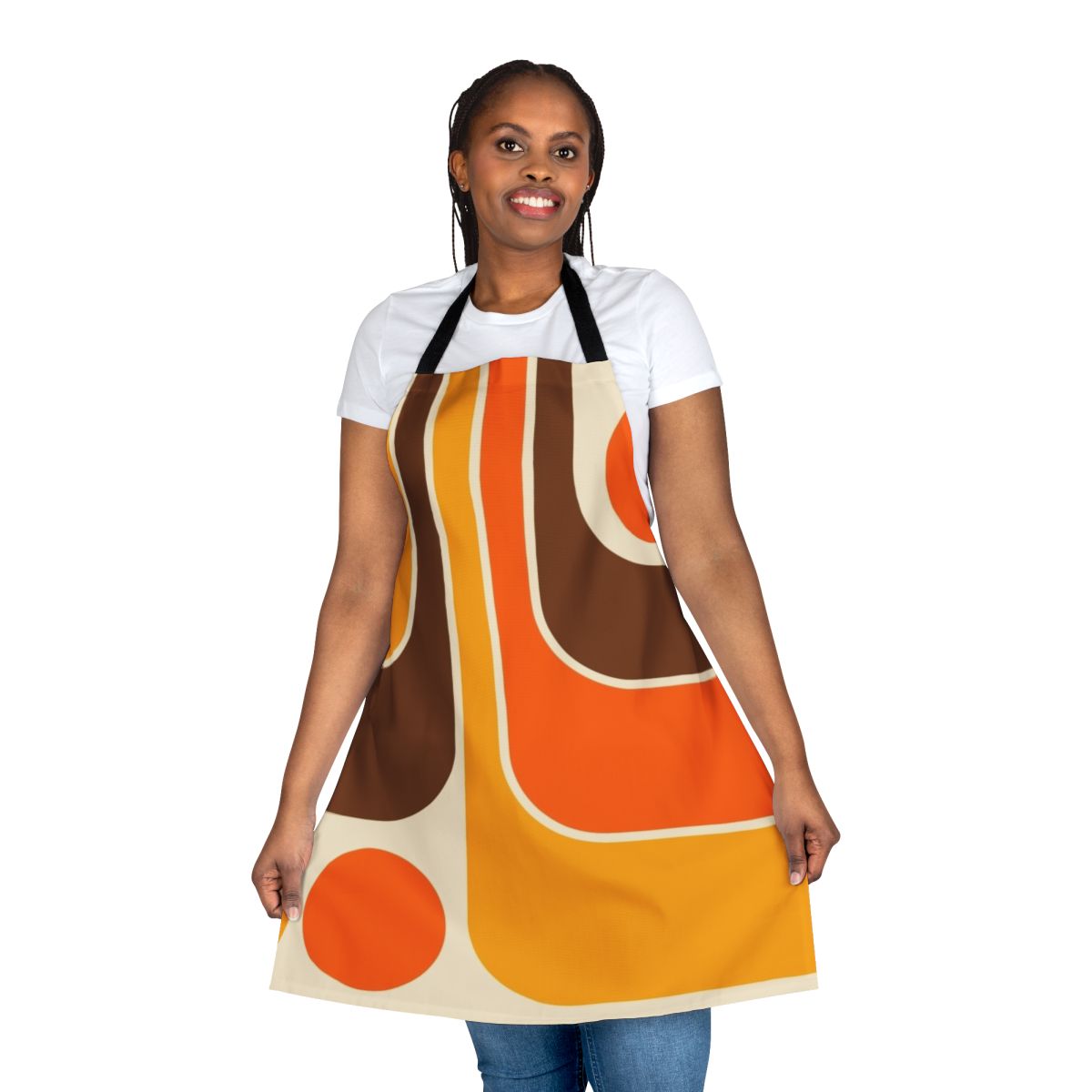 A retro geometric design apron in a mid century modern style for the kitchen