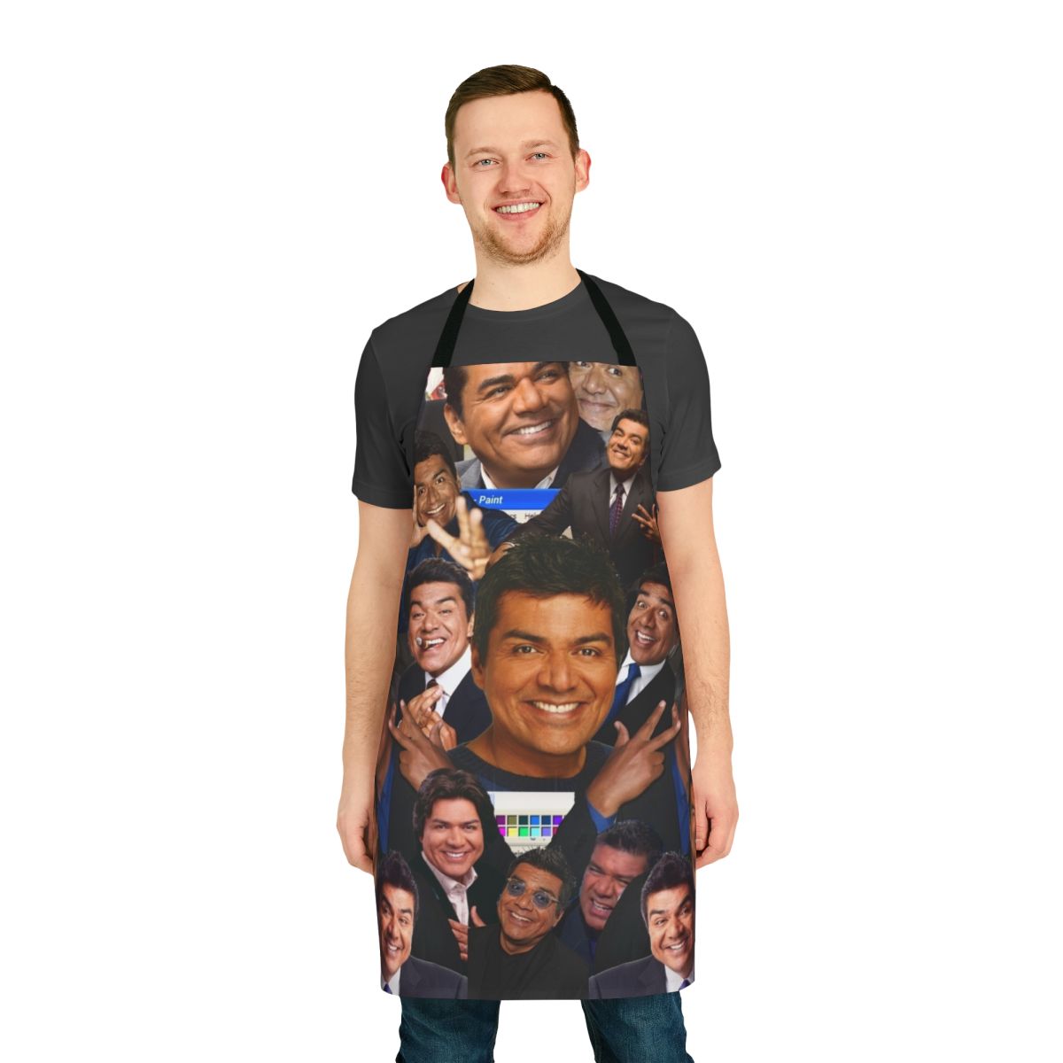 Retro-style apron featuring a playful George Lopez-inspired design