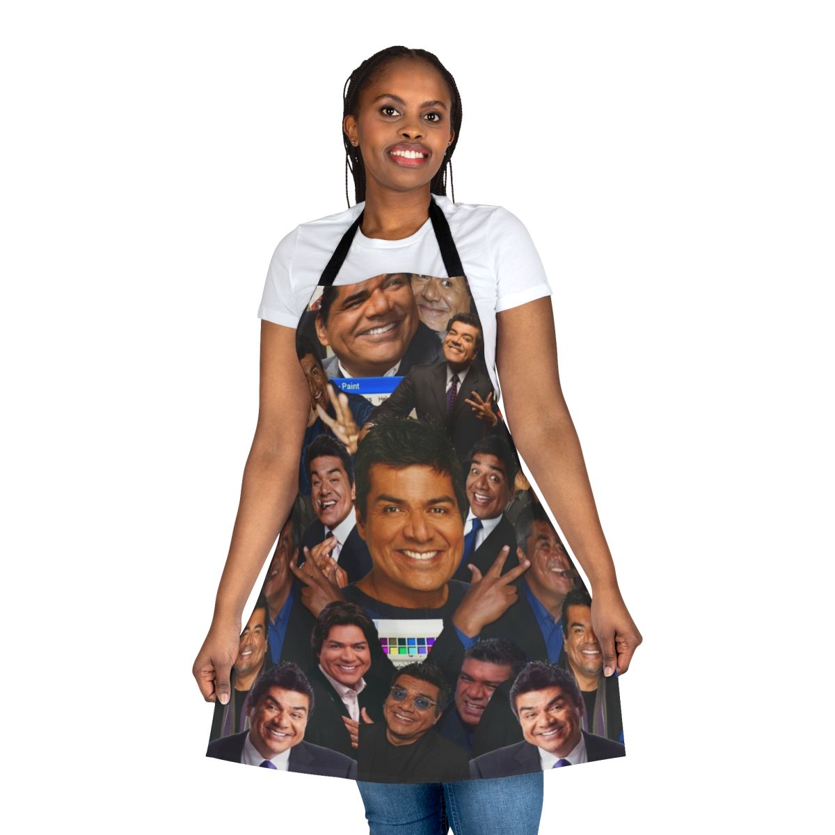 Retro-style apron featuring a playful George Lopez-inspired design