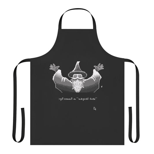 Monochrome pixel art image of a wizard holding a magic staff, wearing a black and white apron with Git-themed designs