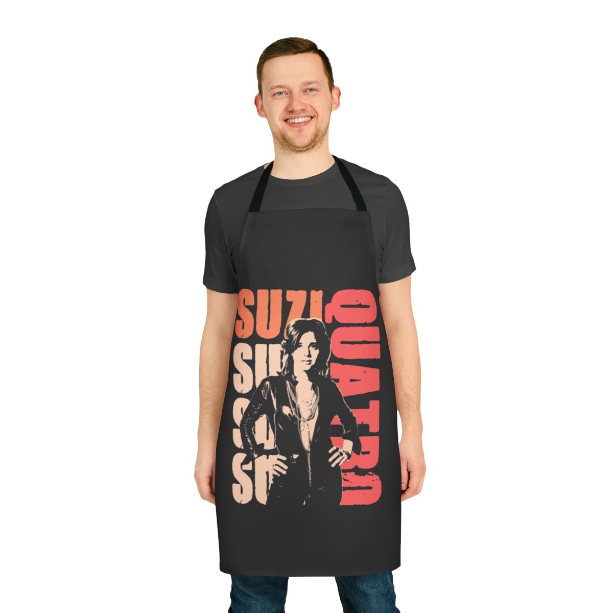 Retro-style apron featuring the image of 1970s glam rock singer Suzi Quatro