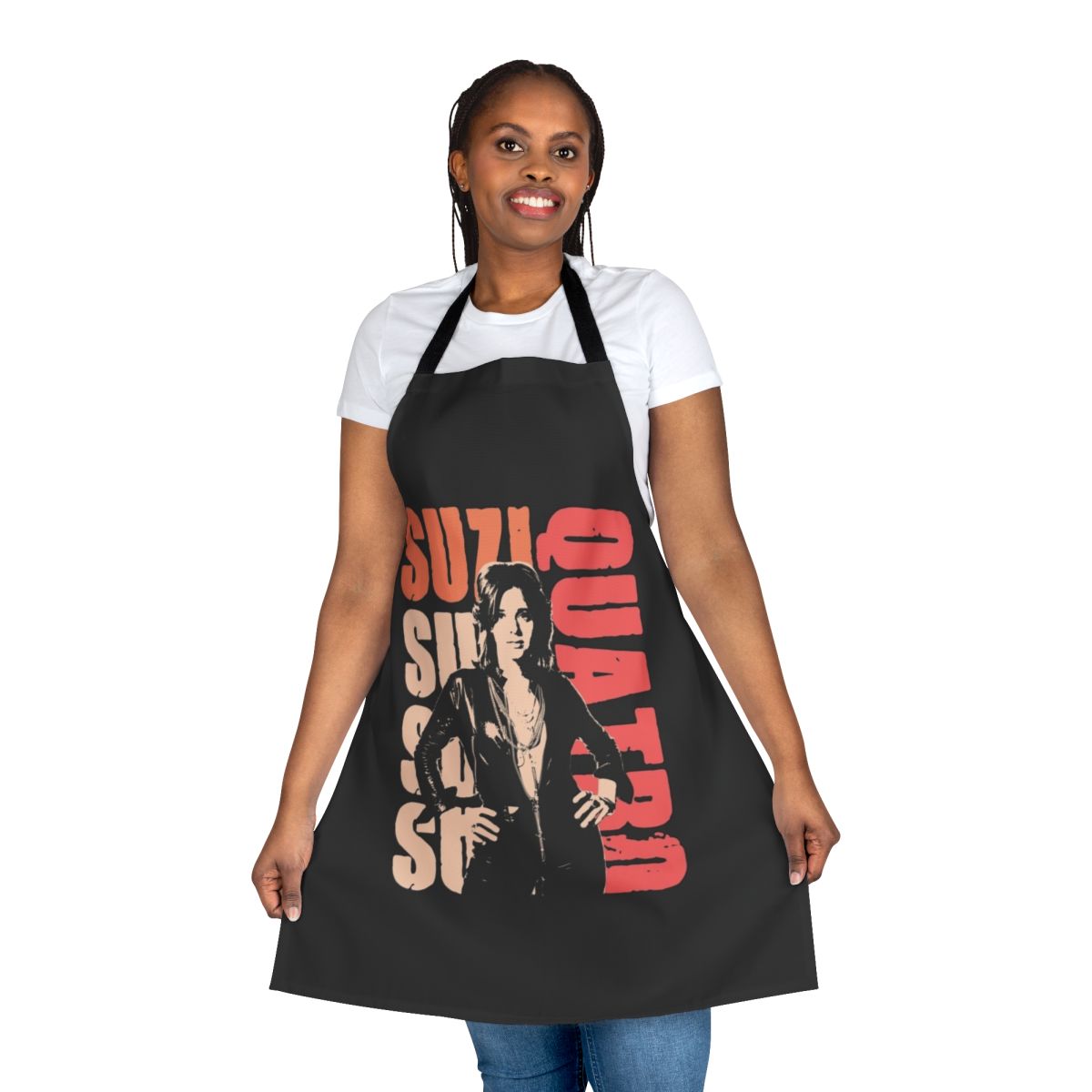Retro-style apron featuring the image of 1970s glam rock singer Suzi Quatro