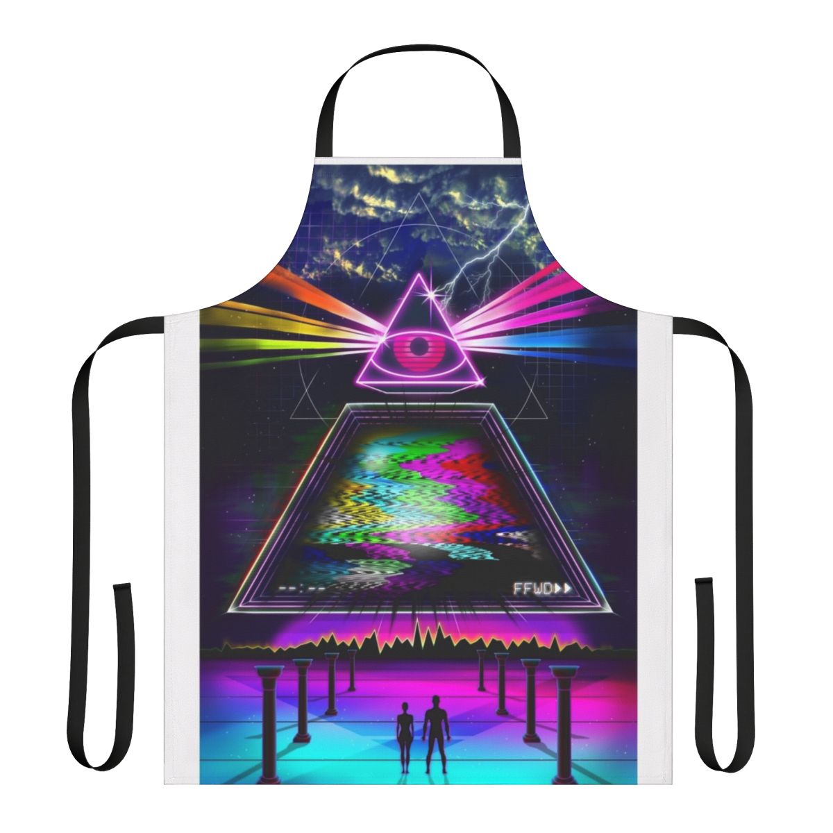 Retro glitch apron with 80s style graphics and VHS aesthetic