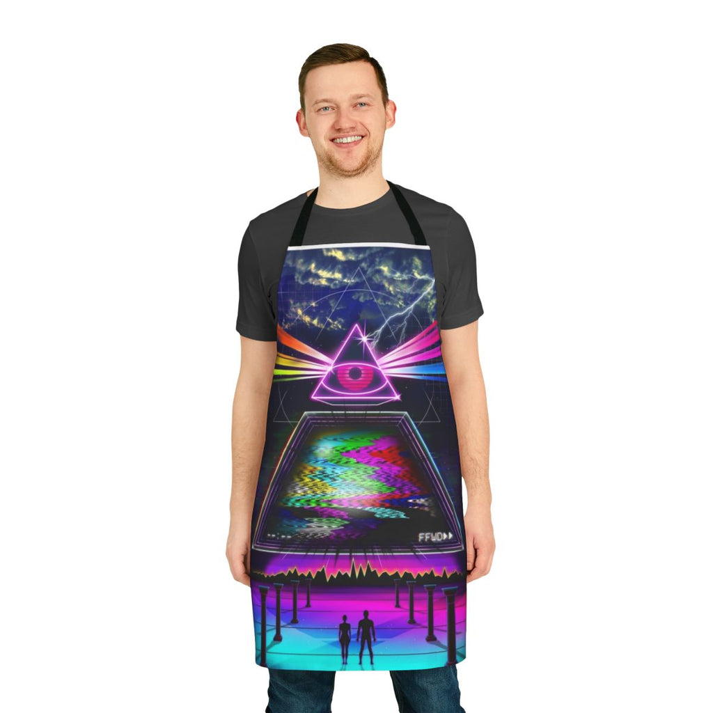 Retro glitch apron with 80s style graphics and VHS aesthetic
