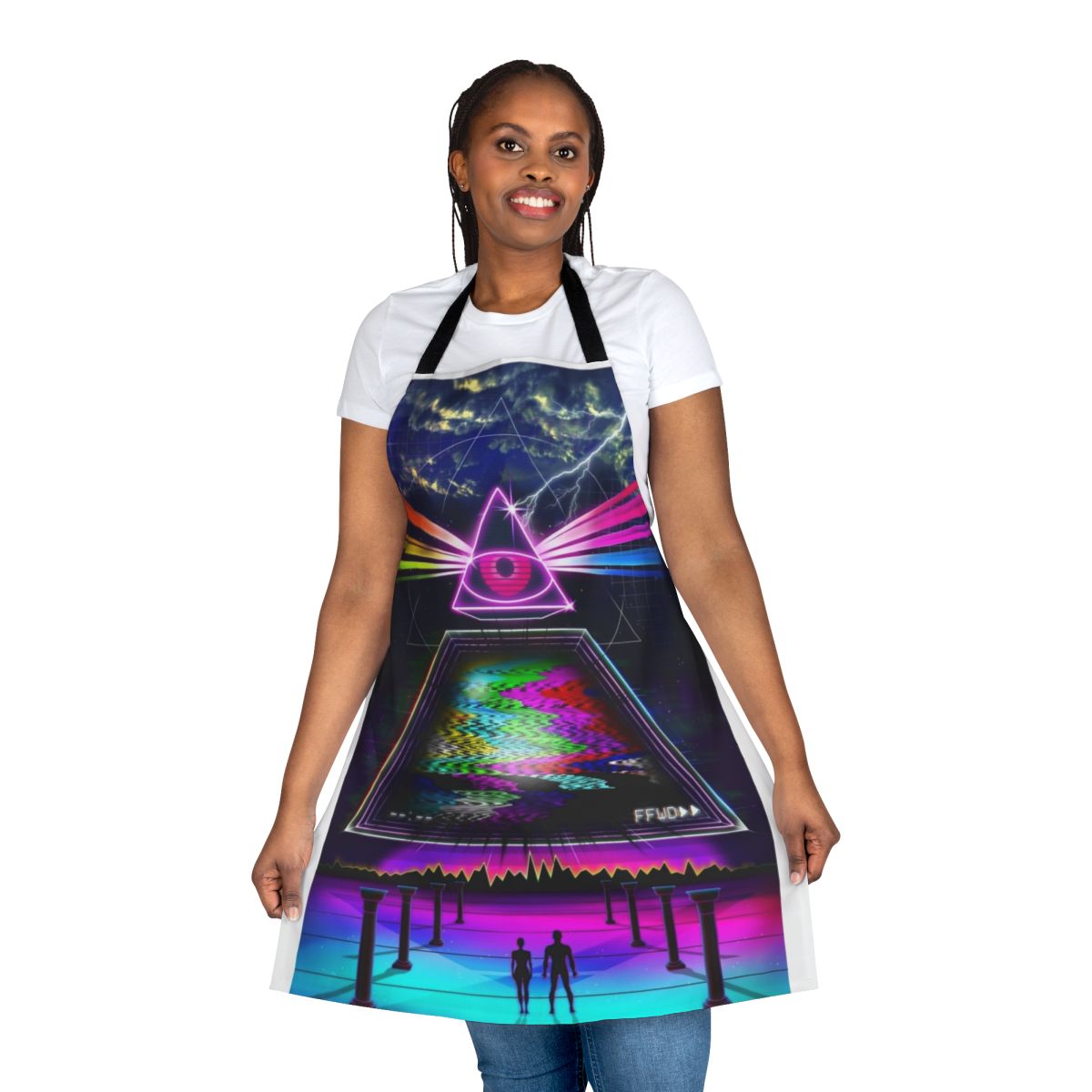 Retro glitch apron with 80s style graphics and VHS aesthetic