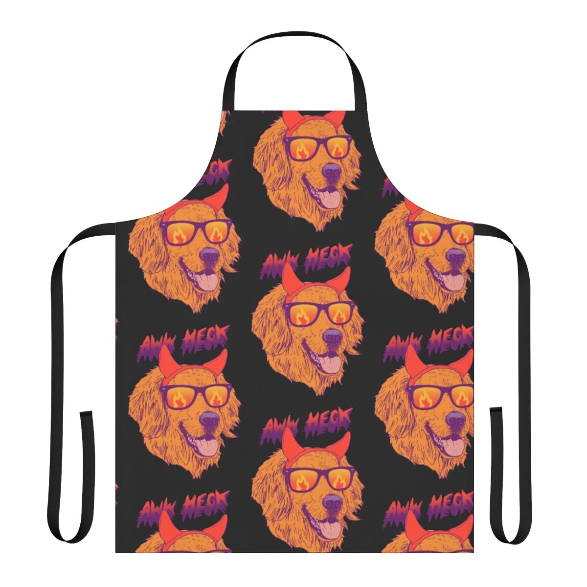 Retro-style apron featuring a golden retriever with devil horns and sunglasses