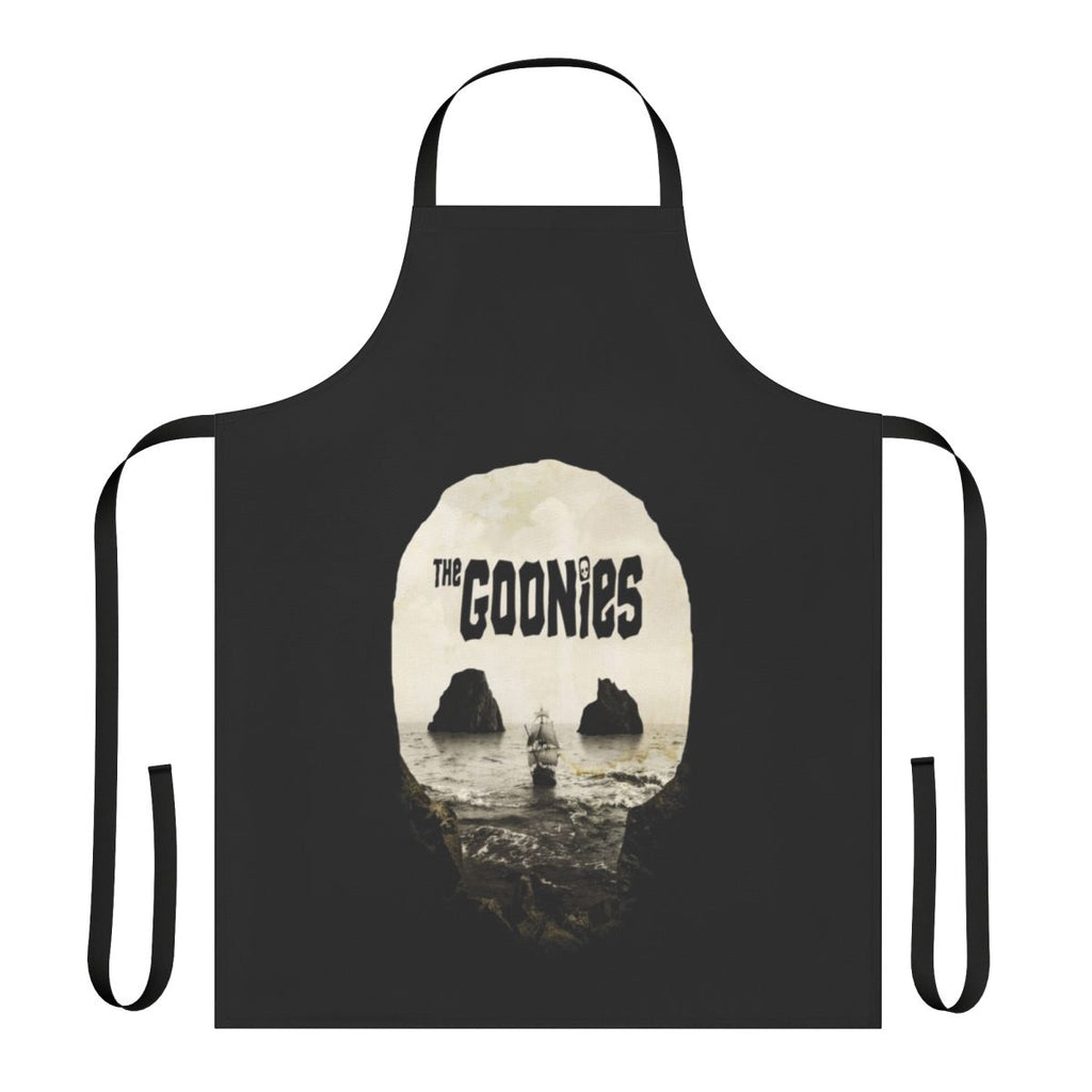 Retro Goonies-inspired apron with skull, pirate, and treasure island designs for 80s movie fans