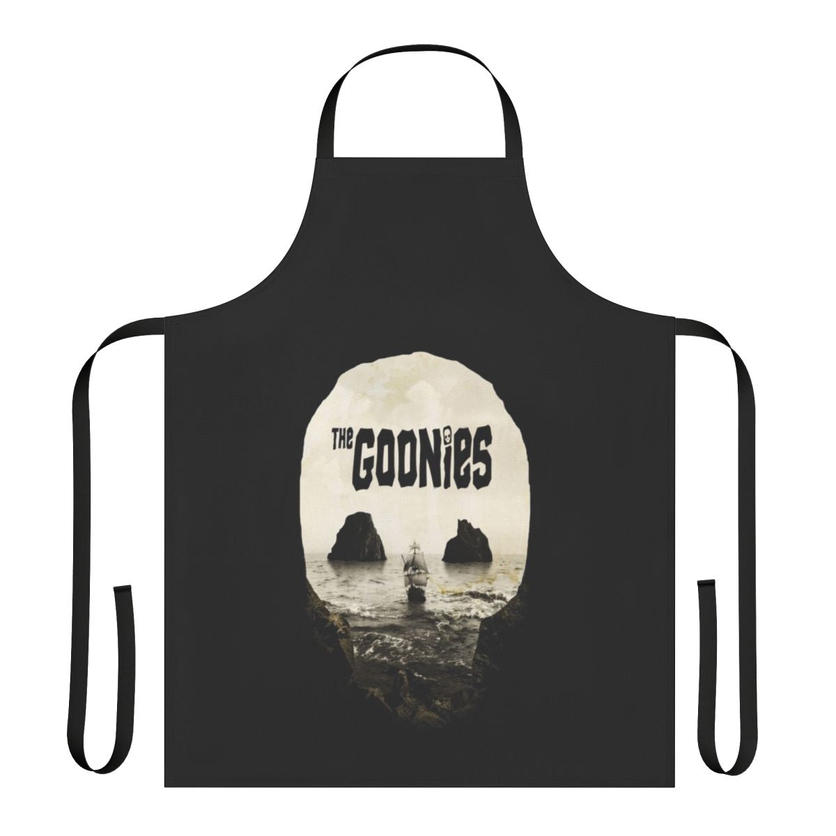 Retro Goonies-inspired apron with skull, pirate, and treasure island designs for 80s movie fans