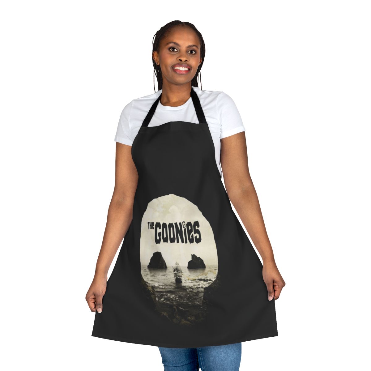 Retro Goonies-inspired apron with skull, pirate, and treasure island designs for 80s movie fans