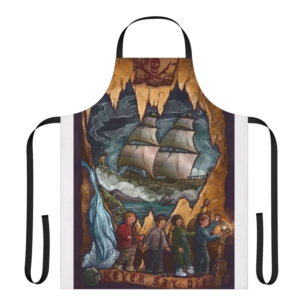 Goonies themed apron with ocean and pirate ship graphics