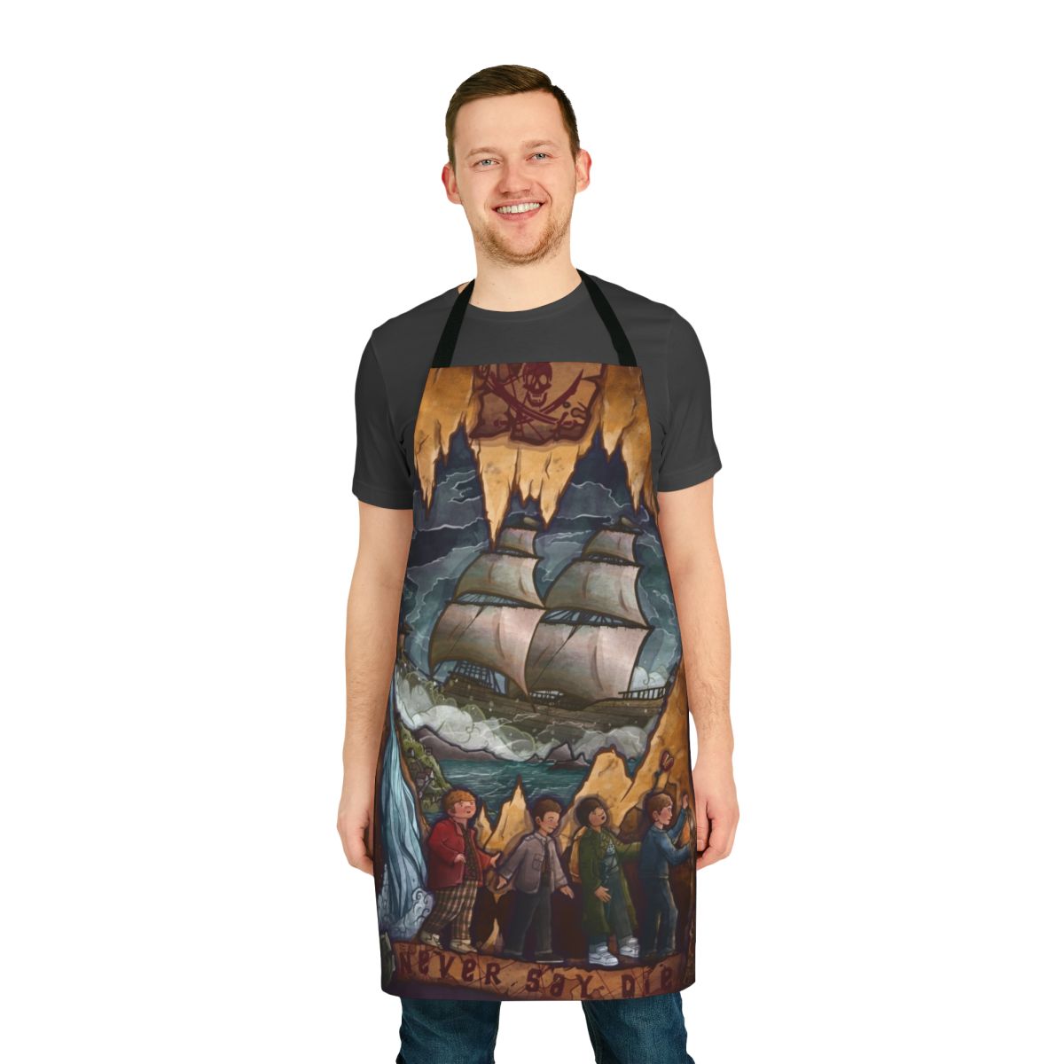 Goonies themed apron with ocean and pirate ship graphics