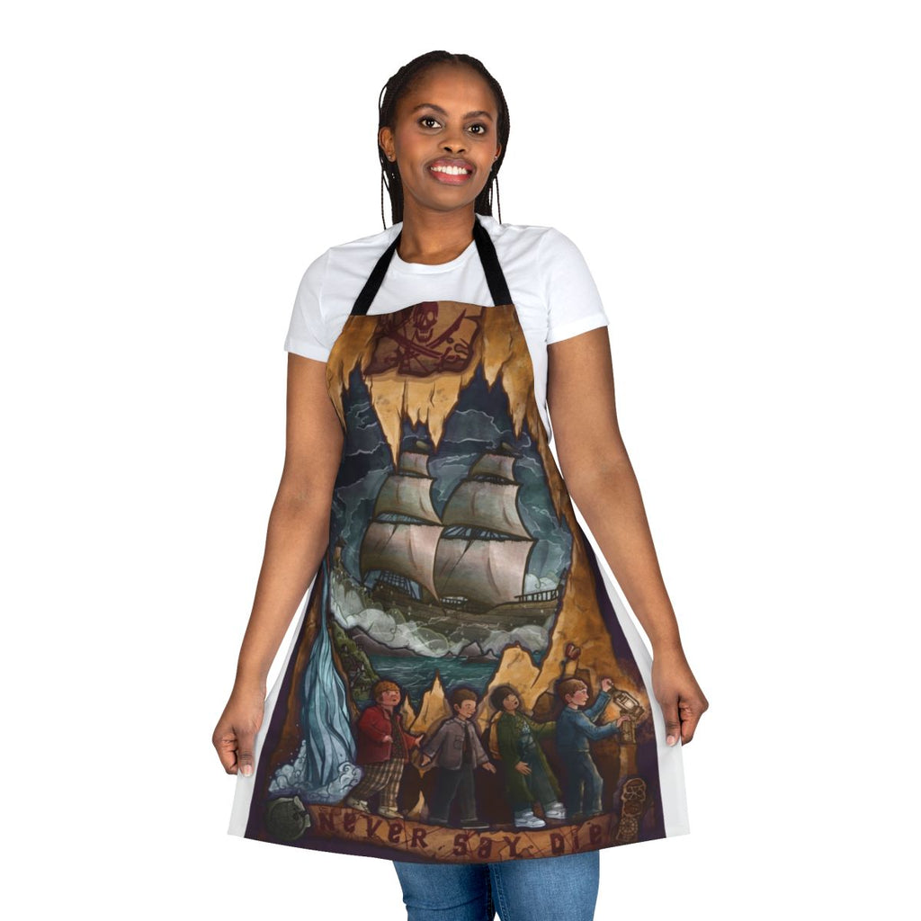 Goonies themed apron with ocean and pirate ship graphics