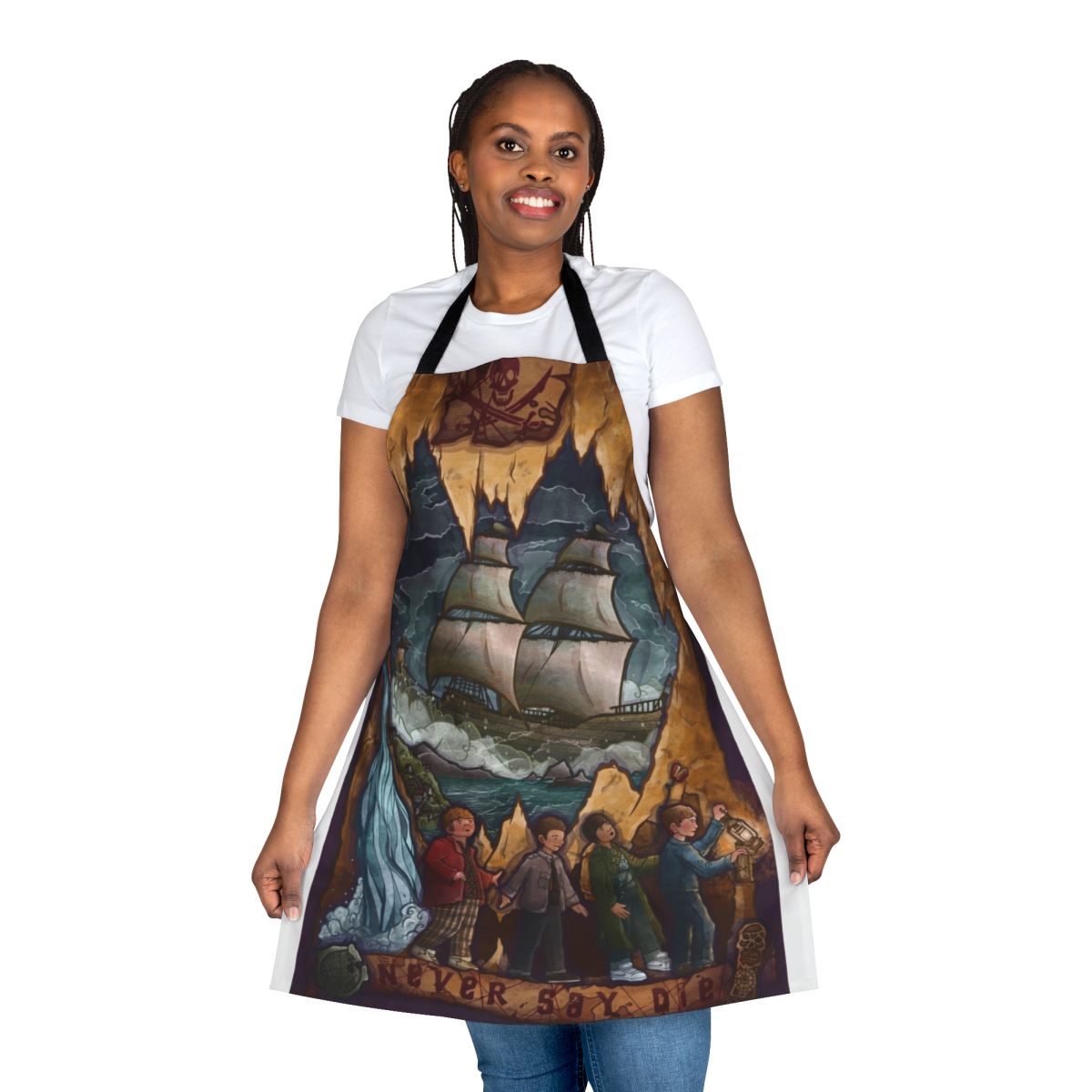 Goonies themed apron with ocean and pirate ship graphics