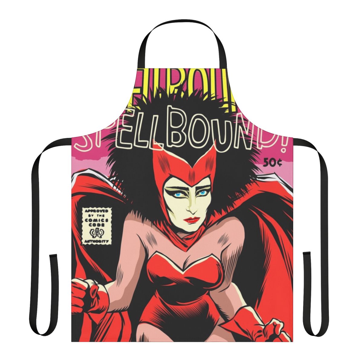 Retro-style apron featuring a post punk, feminist, and vintage comic book-inspired design