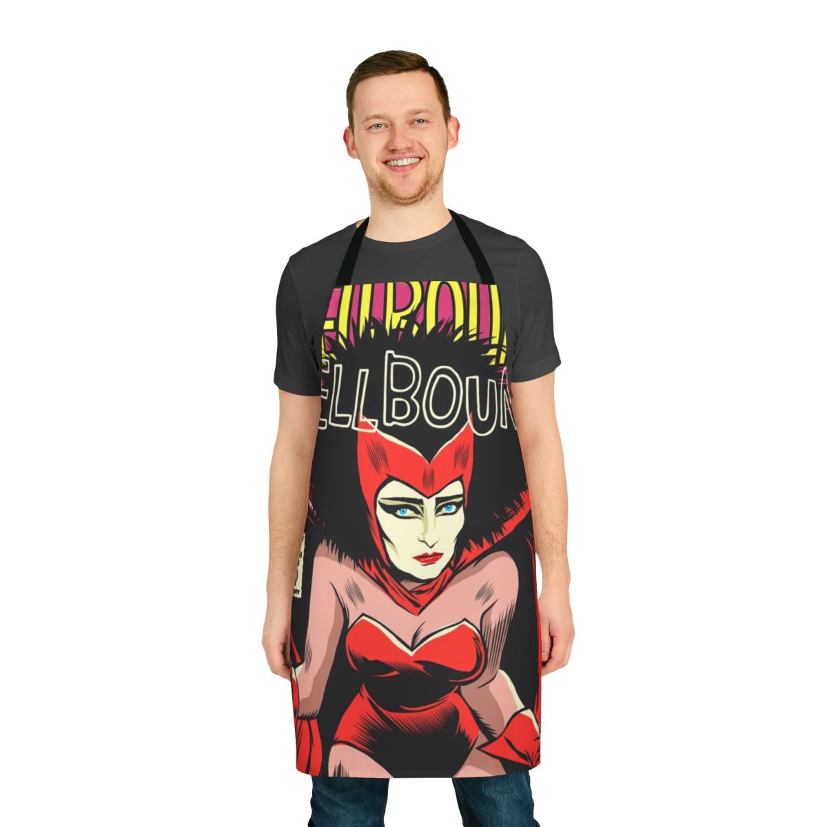 Retro-style apron featuring a post punk, feminist, and vintage comic book-inspired design