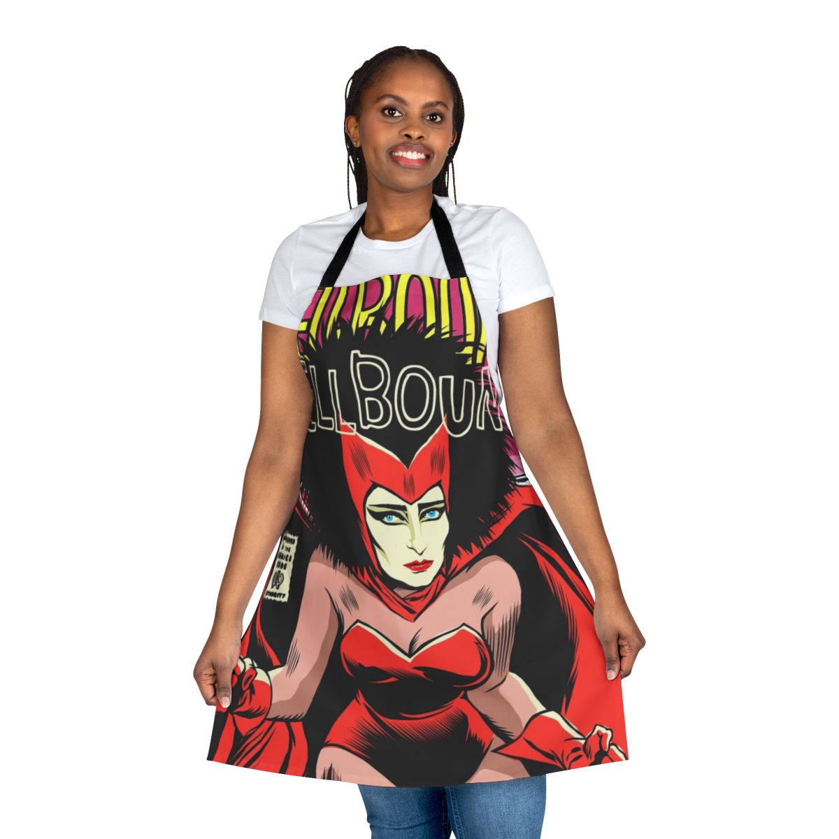 Retro-style apron featuring a post punk, feminist, and vintage comic book-inspired design