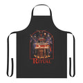 A retro-style apron featuring a grim reaper, coffee cups, and occult symbols