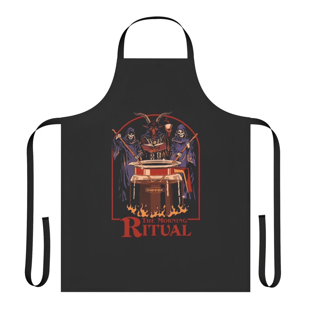 A retro-style apron featuring a grim reaper, coffee cups, and occult symbols