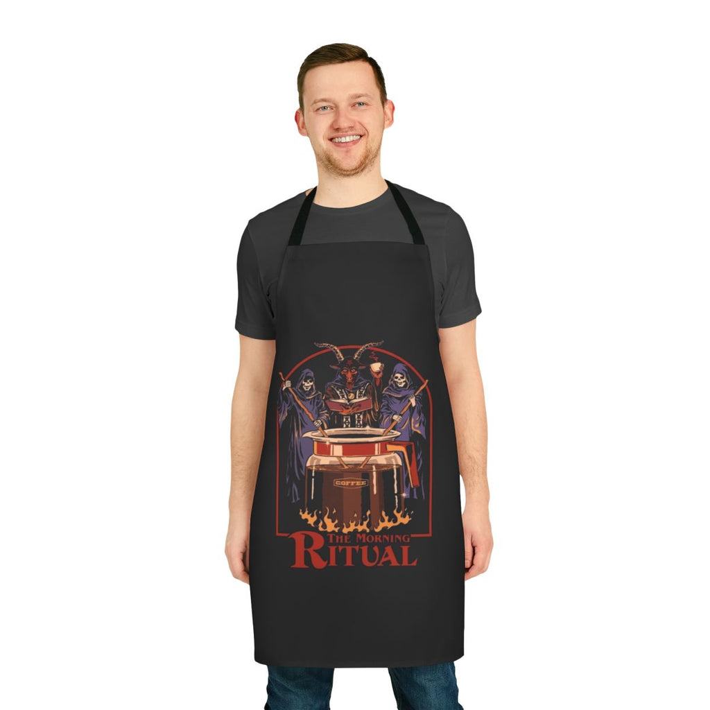 A retro-style apron featuring a grim reaper, coffee cups, and occult symbols