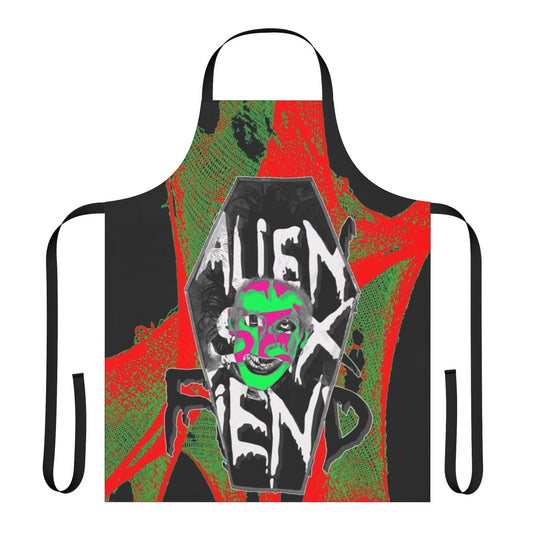 Retro gothic apron featuring the iconic Alien Sex Fiend band logo and imagery