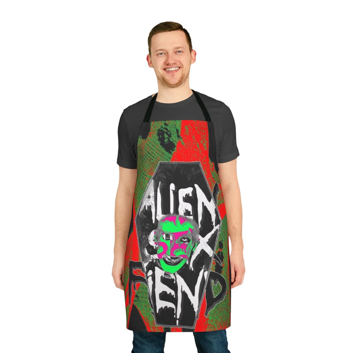 Retro gothic apron featuring the iconic Alien Sex Fiend band logo and imagery